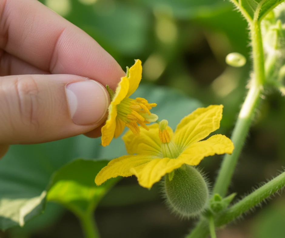 🖐️ Kỹ Thuật Thụ Phấn Cho Dưa Lưới Bằng Tay (Đậu Trái 100%) 11 Cận cảnh thao tác thụ phấn cho dưa lưới bằng tay, một bước quan trọng trong kỹ thuật thụ phấn cho dưa lưới