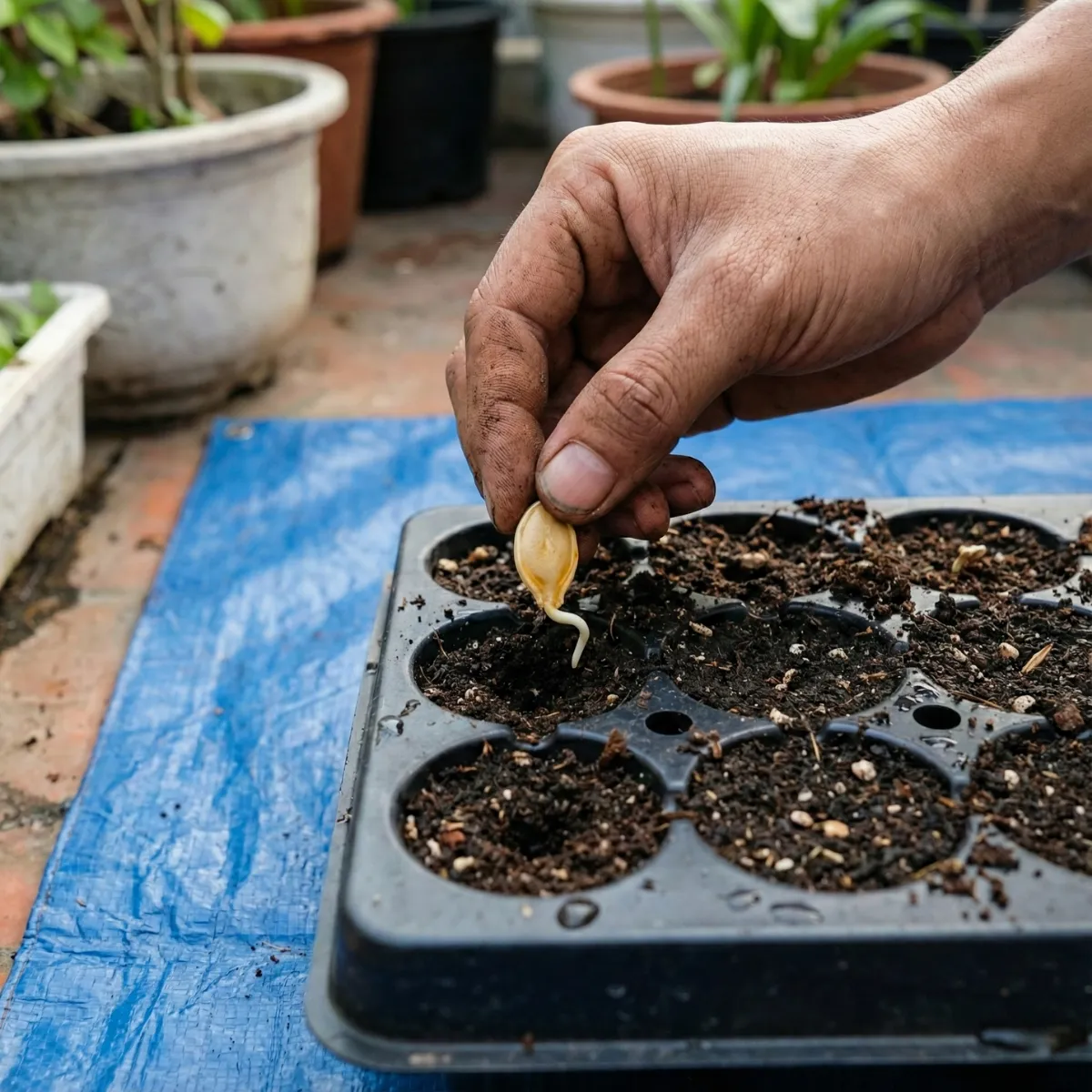 Lão nông hướng dẫn cách gieo hạt bí đỏ sân thượng & ươm cây chuẩn: giá thể tơi xốp, tưới đúng cách, đủ sáng để tỉ lệ nảy mầm cao, cây mập khỏe.