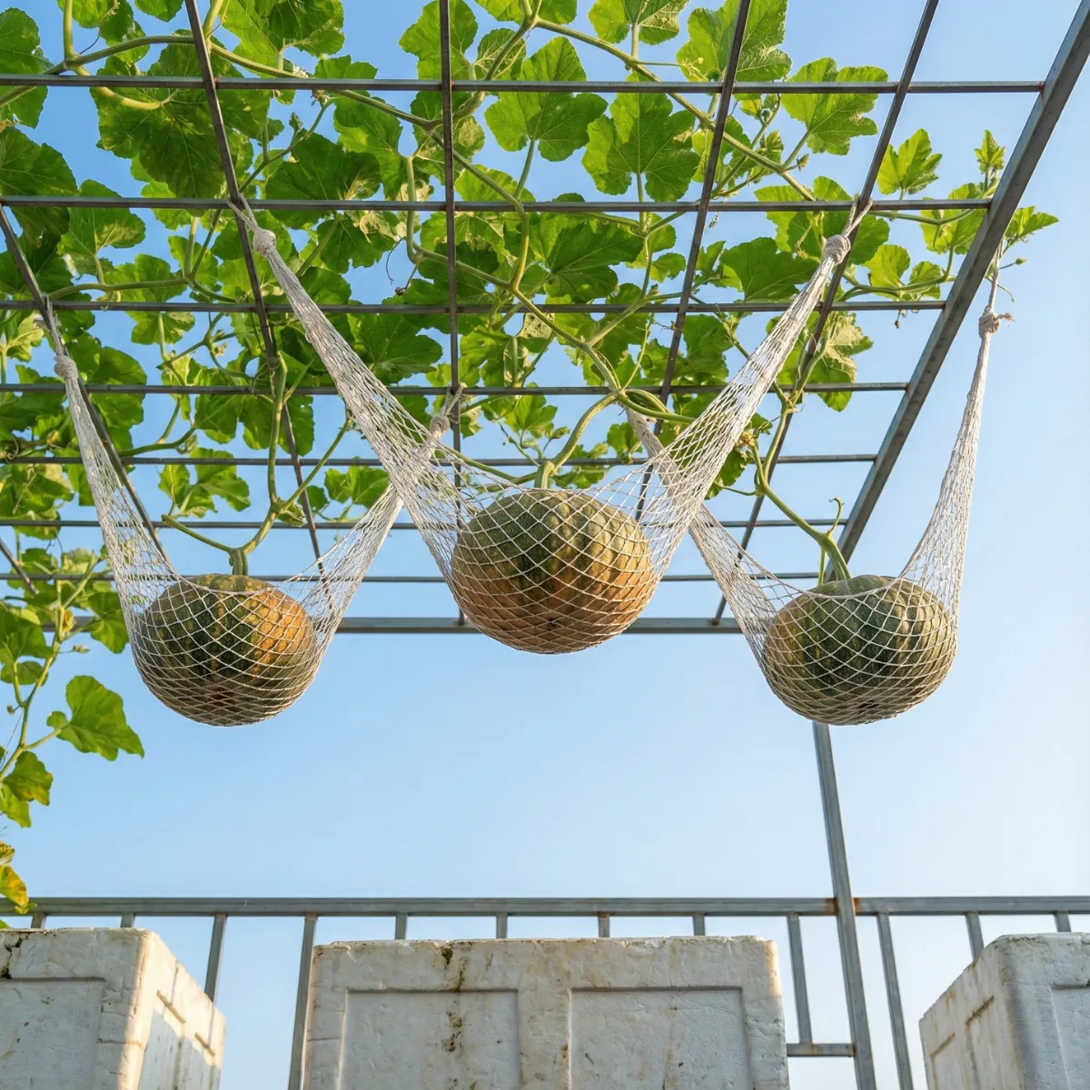Lão nông chia sẻ kỹ thuật treo trái bí đỏ trên giàn sân thượng: cách làm võng nâng đỡ, tránh gãy dây, thối cuống, giúp trái lớn đều, chín đẹp.