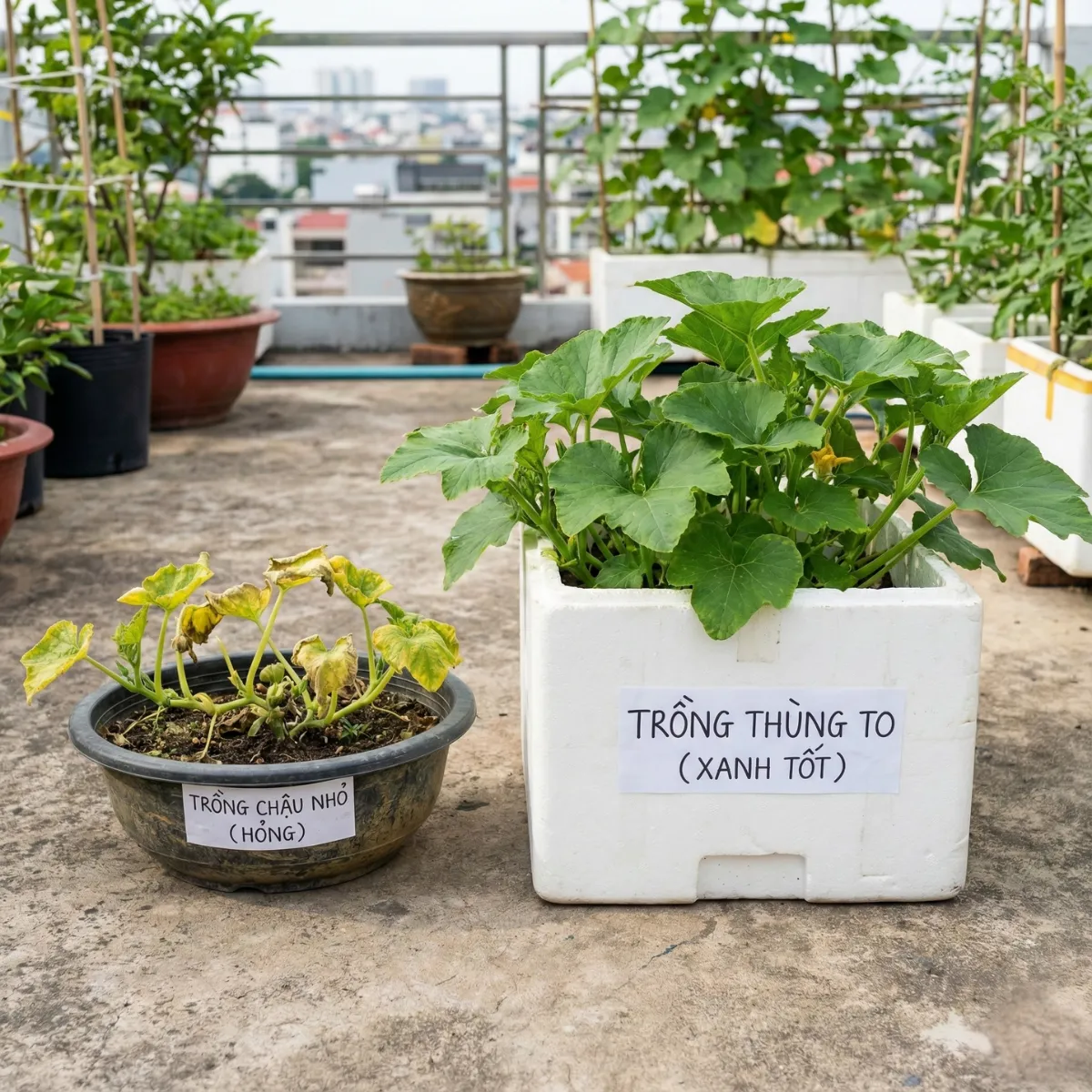 Lão Nông hướng dẫn cách chọn chậu trồng bí đỏ sân thượng, chọn thùng xốp trồng bí đỏ đủ sâu, thoát nước tốt để rễ khỏe, trái sai cho người mới bắt đầu.